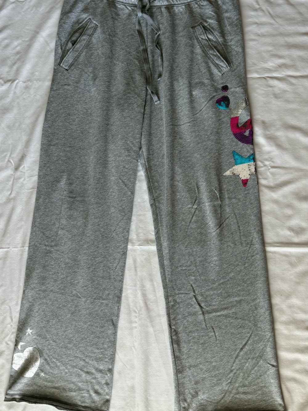 VTG Victoria's Secret PINK Sequin Peace Star Fleece Sweatpants Grey M NWOT